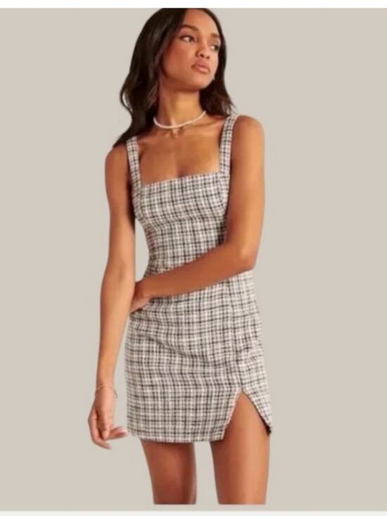 Abercrombie & Fitch Dresses & Skirts - Abercrombie Plaid Tweed Split Mini Dress Jumper Blue Tan White Size Small Tall